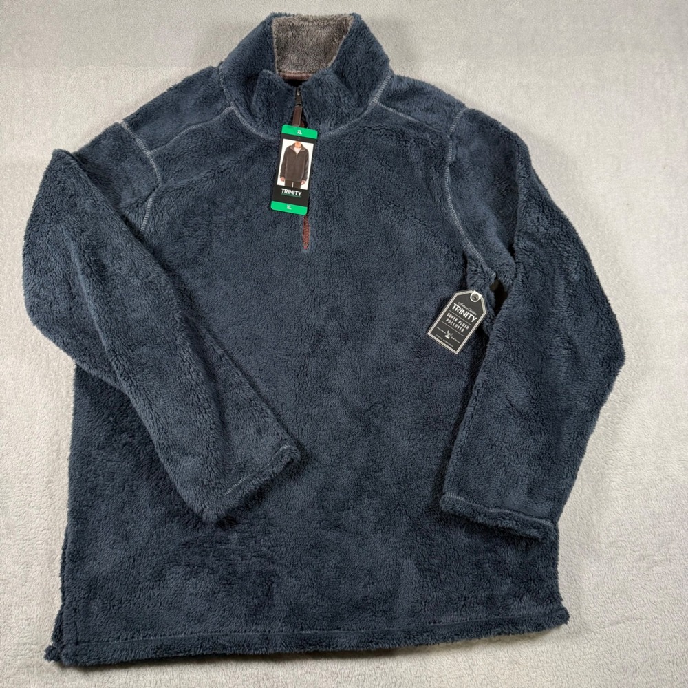 Trinity Super Plush Pullover Men XL Navy W Charcoal Fleece Quarter Zip 1218366